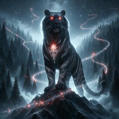 Primary subject: A tiger with a red heart on its chest.

Setting/background: A dark, cloudy sky with a few stars visible.

Visual style: Digital art.

Colors and mood: The tiger has a red heart on its chest, which adds a sense of warmth and love to the image. The dark, cloudy sky creates a moody atmosphere, while the few stars in the sky add a touch of mystery and wonder to the scene.